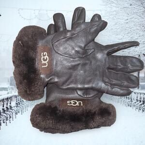 UGG Womens Brown Leather Gloves Size Small S Wool Cashmere Lined Winter Luxury